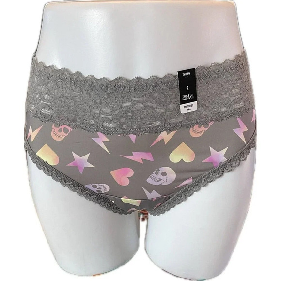 Torrid 0 Gray Electric Skull-Heart Graphic Scallop Lace Waistband Thong Panties - Picture 2 of 5